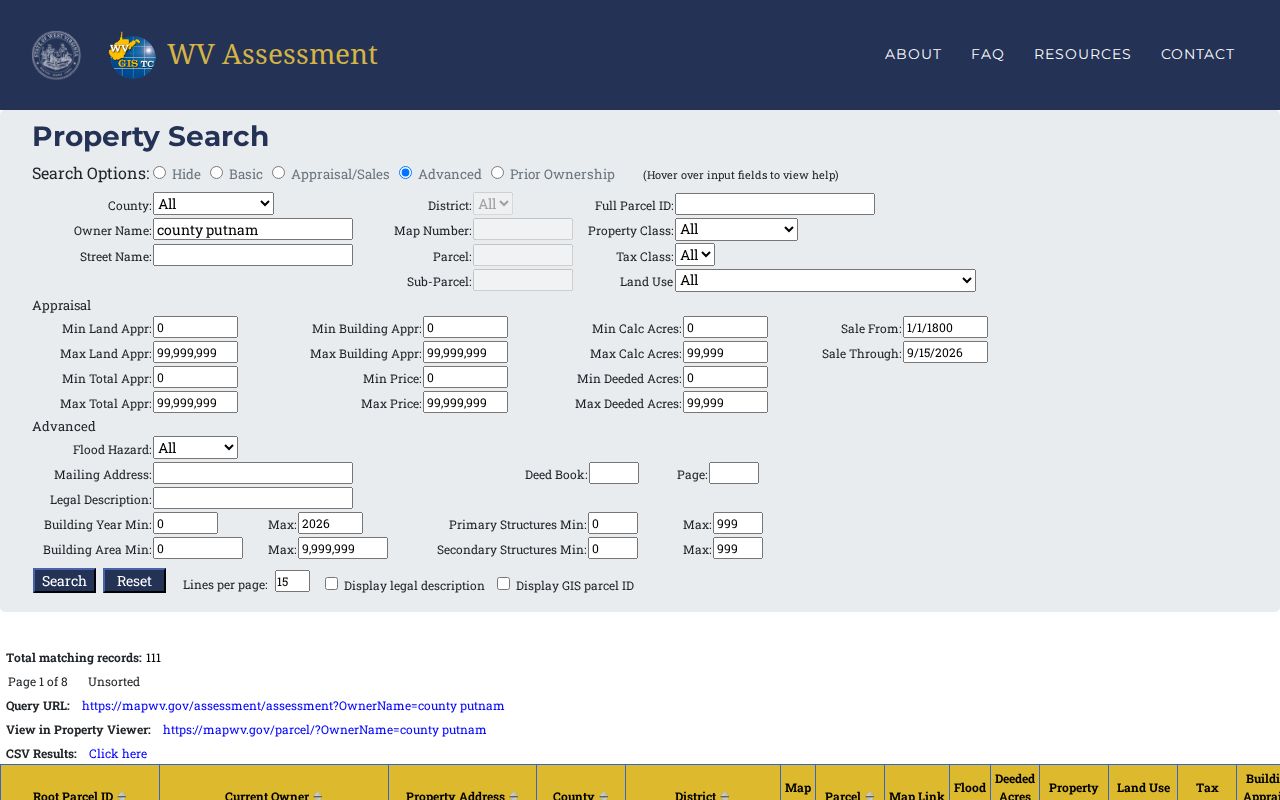 Putnam County property records sample assessment results with owner and appraisal columns